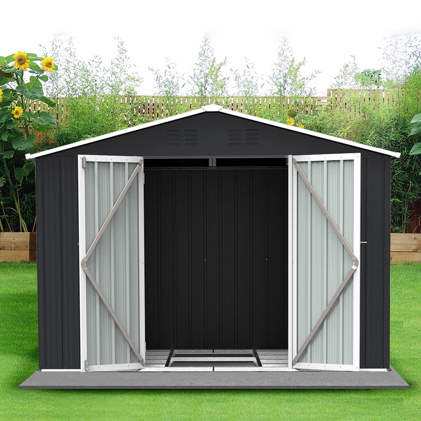 Outdoor Shed with Lockable Door Large Outdoor Storage Cabinet, White Metal Shed for Garden Backyard, 8' x 6'