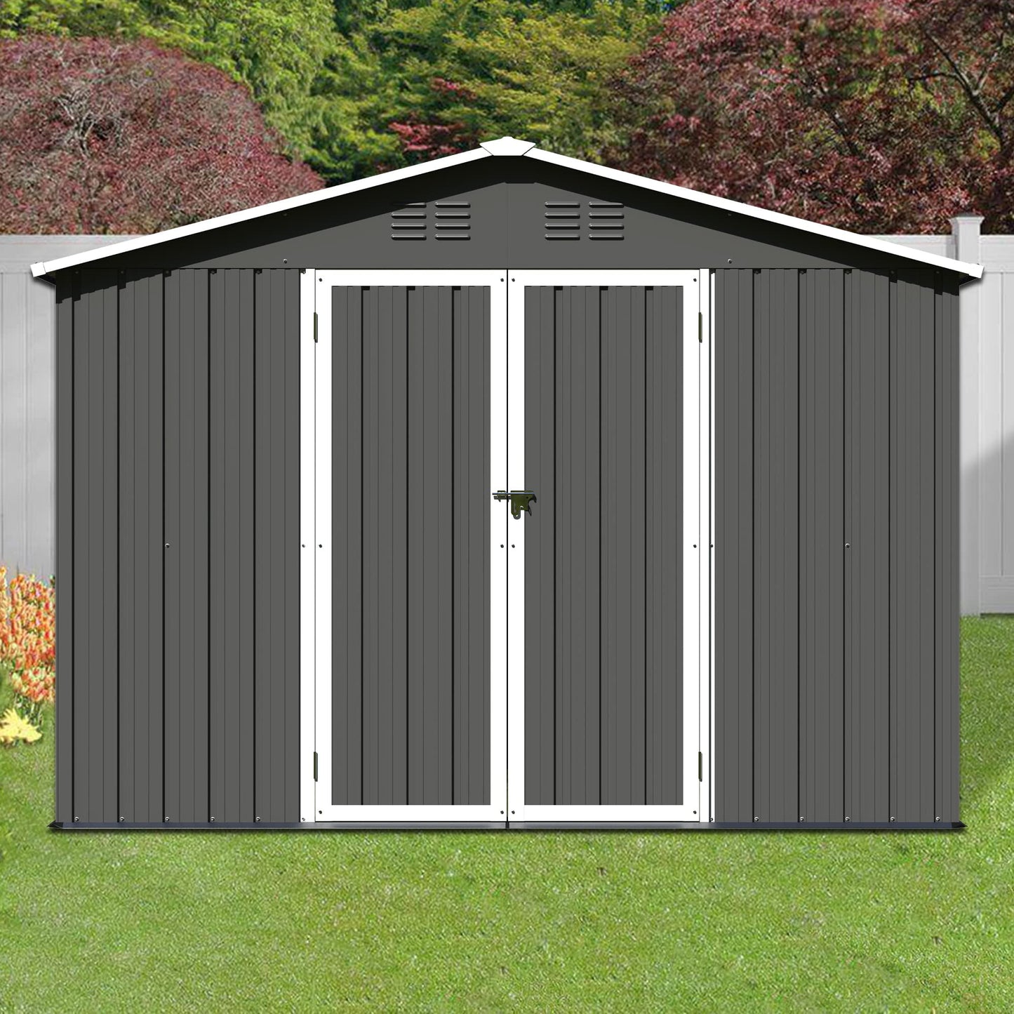 Outdoor Shed with Lockable Door Large Outdoor Storage Cabinet, White Metal Shed for Garden Backyard, 8' x 6'