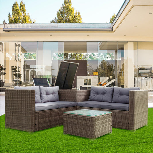 4 Piece Wicker Patio Sofa Set, PE Rattan Outdoor Sectional Sofa Set with Loveseat, Coffee Table and Storage Box, Outdoor Furniture Patio Conversation Sets for Garden Deck Porch Backyard