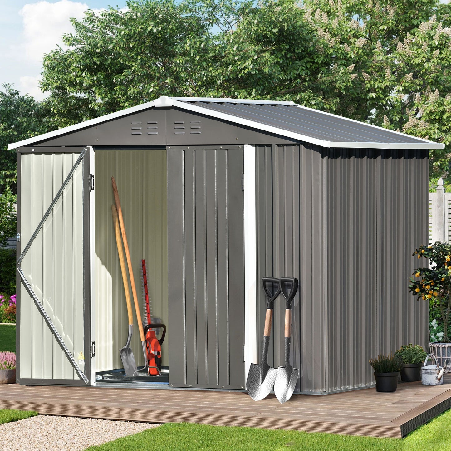 Outdoor Shed with Lockable Door Large Outdoor Storage Cabinet, White Metal Shed for Garden Backyard, 8' x 6'
