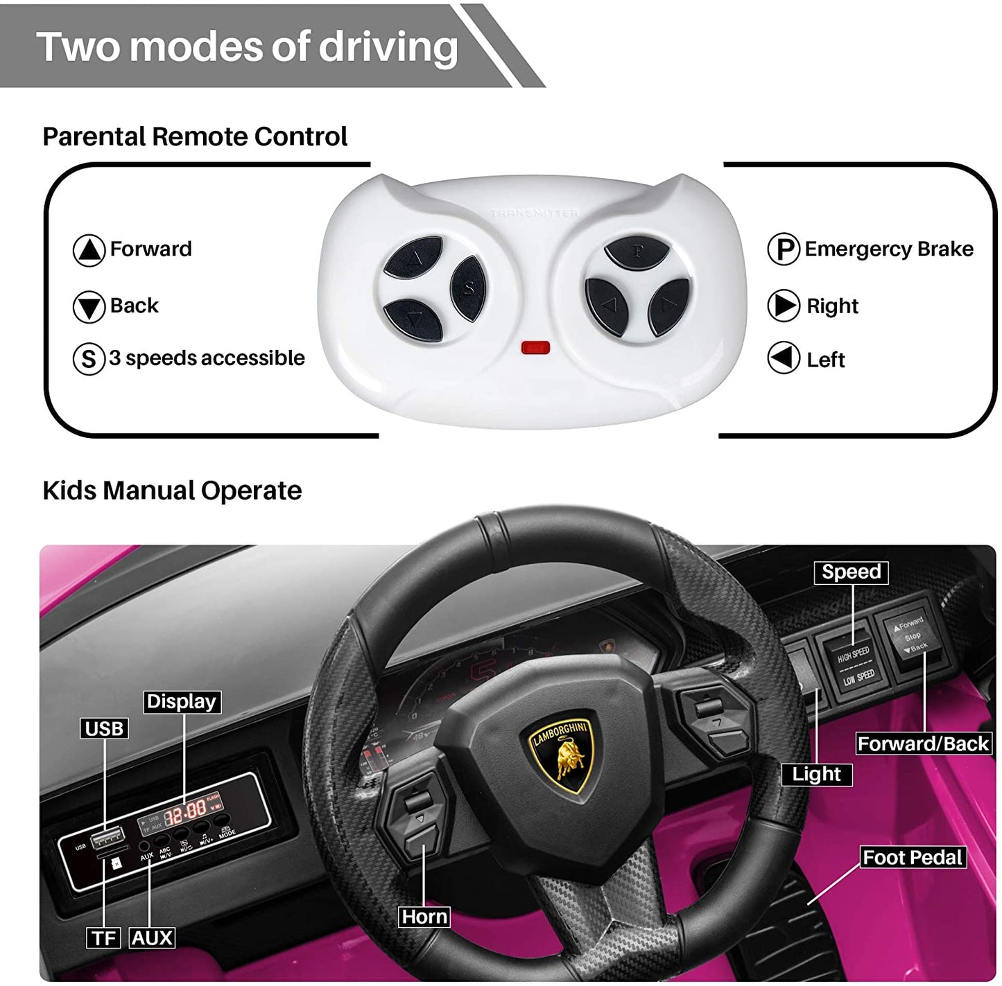 Lamborghini Ride On Car for Kids 3-5 Years, 12v Remote Control Electric Vehicle with Wheels Suspension, Led Lights, 3-point Seat Belt, Boys Girls Gift Pink Electric Car Toys