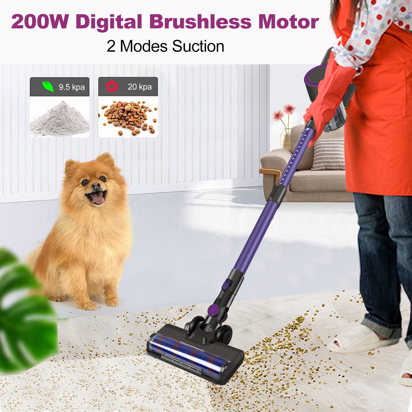 Pet Vacuum Cleaner, Lightweight Stick Vacuum Cleaner, Wireless Stick Vacuum Cleaner, 200w Brushless Motor & Triple Filtration System, Stick Handheld Vacuum for Hardwood Floor Pet Hair