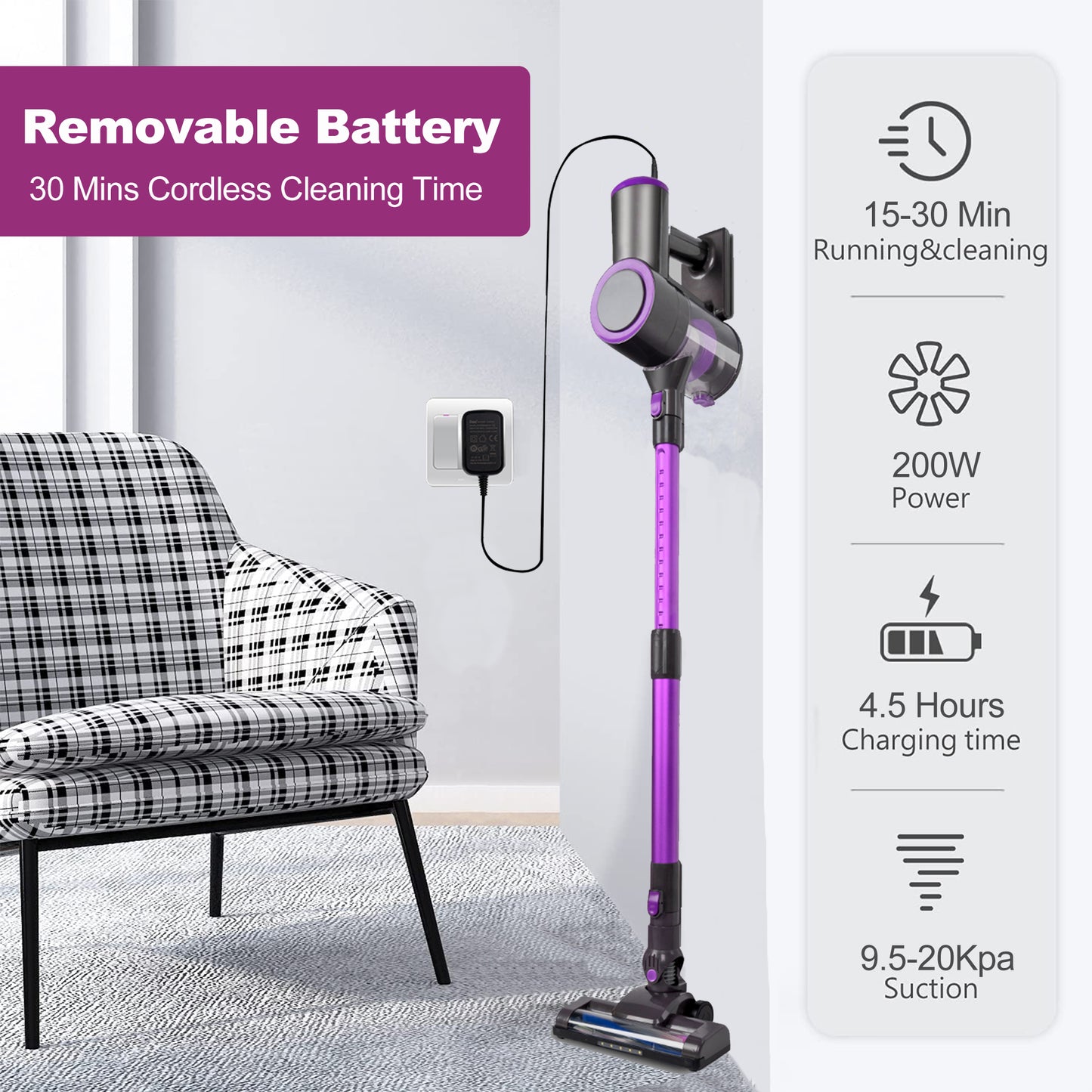 Pet Vacuum Cleaner, Lightweight Stick Vacuum Cleaner, Wireless Stick Vacuum Cleaner, 200w Brushless Motor & Triple Filtration System, Stick Handheld Vacuum for Hardwood Floor Pet Hair