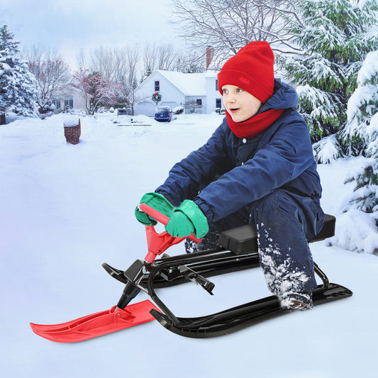 Sled for Snow, Steel Frame Snow Racer Sled, Red Sled Slider Board with Steering Wheel and Twin Brakes, 45" x 20" x 15''