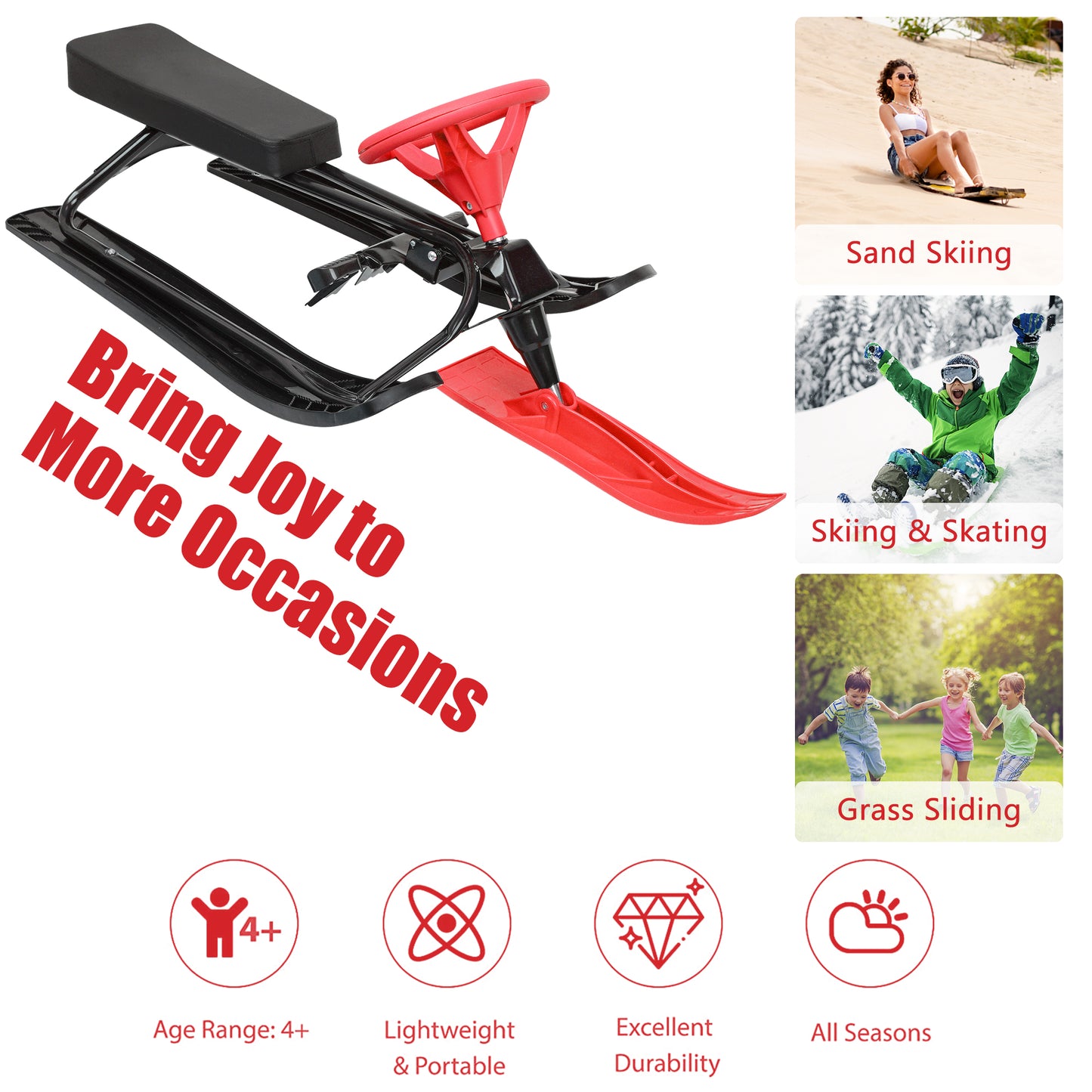 Sled for Snow, Steel Frame Snow Racer Sled, Red Sled Slider Board with Steering Wheel and Twin Brakes, 45" x 20" x 15''