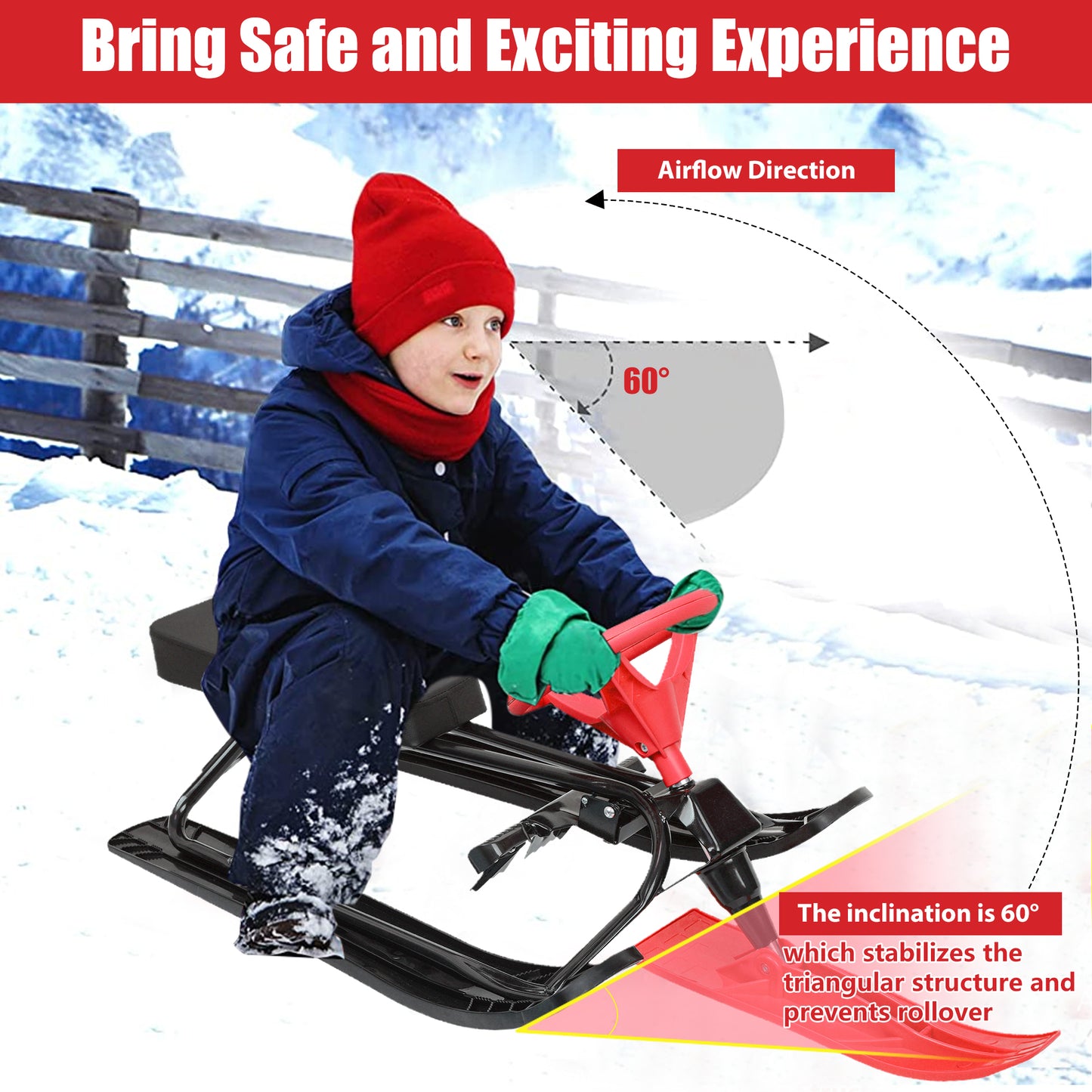 Sled for Snow, Steel Frame Snow Racer Sled, Red Sled Slider Board with Steering Wheel and Twin Brakes, 45" x 20" x 15''