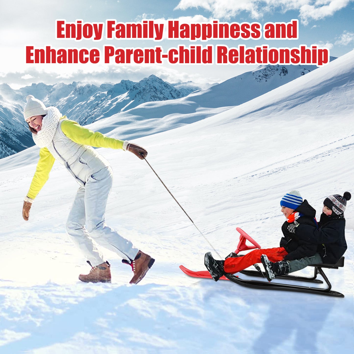 Sled for Snow, Steel Frame Snow Racer Sled, Red Sled Slider Board with Steering Wheel and Twin Brakes, 45" x 20" x 15''