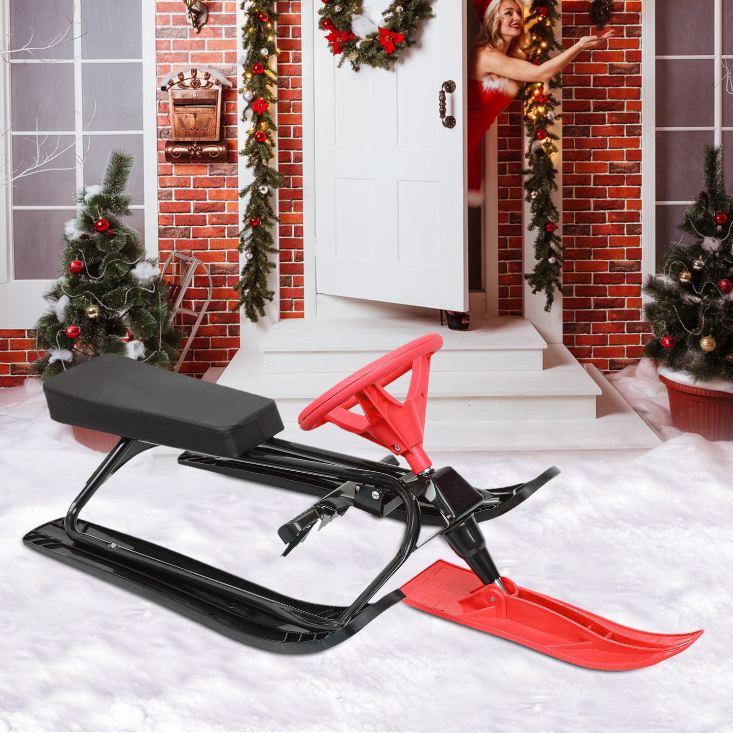 Sled for Snow, Steel Frame Snow Racer Sled, Red Sled Slider Board with Steering Wheel and Twin Brakes, 45" x 20" x 15''