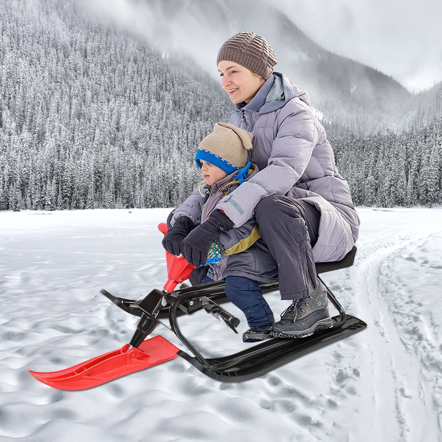 Sled for Snow, Steel Frame Snow Racer Sled, Red Sled Slider Board with Steering Wheel and Twin Brakes, 45" x 20" x 15''