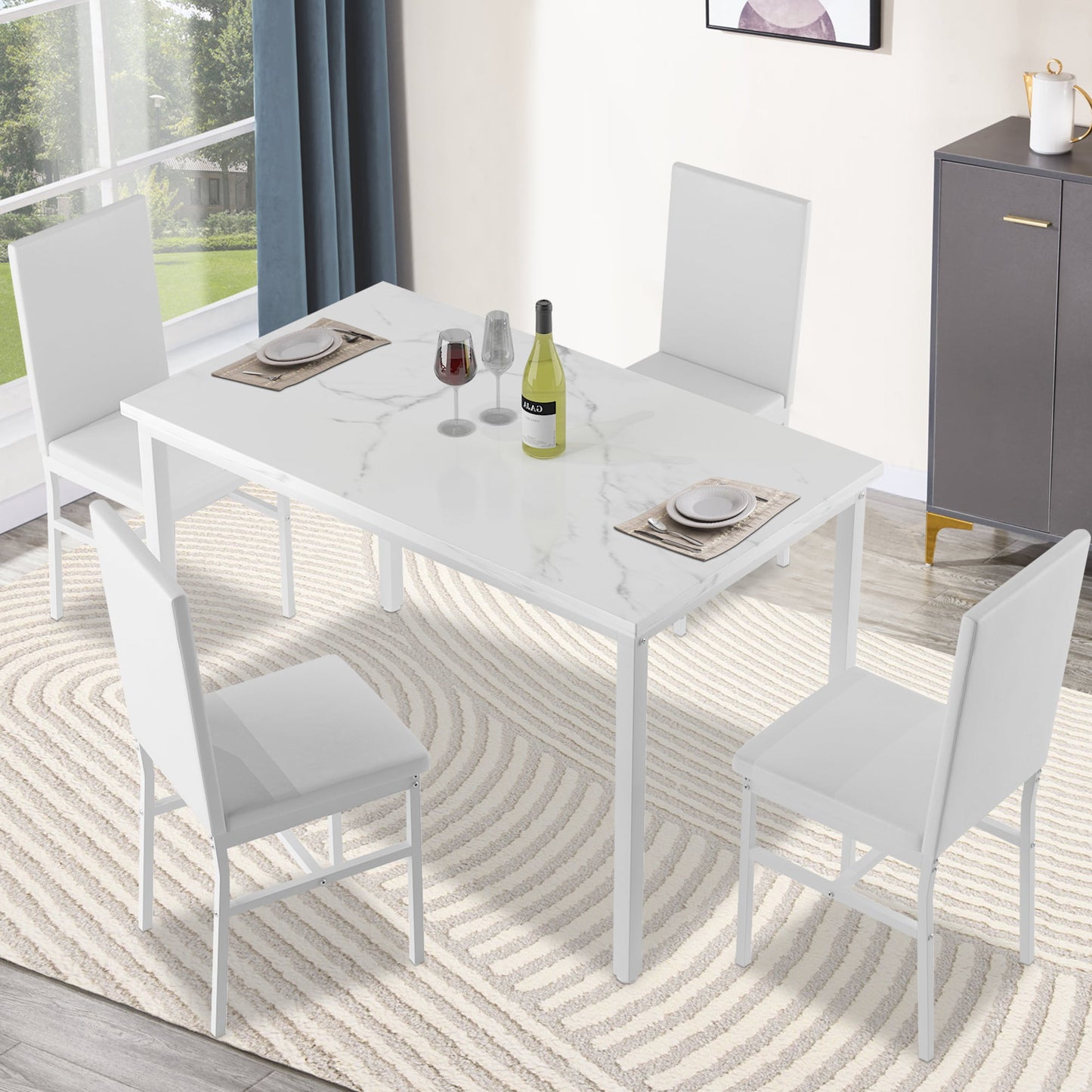 Kitchen Dining Table Set for 4, 5 Piece Wood Dine Set, 4 Linen Fabric Soft Chairs, Modern Kitchen Table and Chairs Set, White Kitchen Sets for Home Restaurant Pub