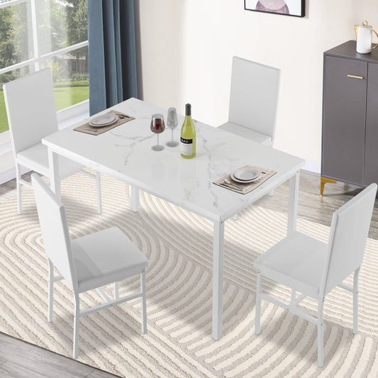 Kitchen Dining Table Set for 4, 5 Piece Wood Dine Set, 4 Linen Fabric Soft Chairs, Modern Kitchen Table and Chairs Set, White Kitchen Sets for Home Restaurant Pub