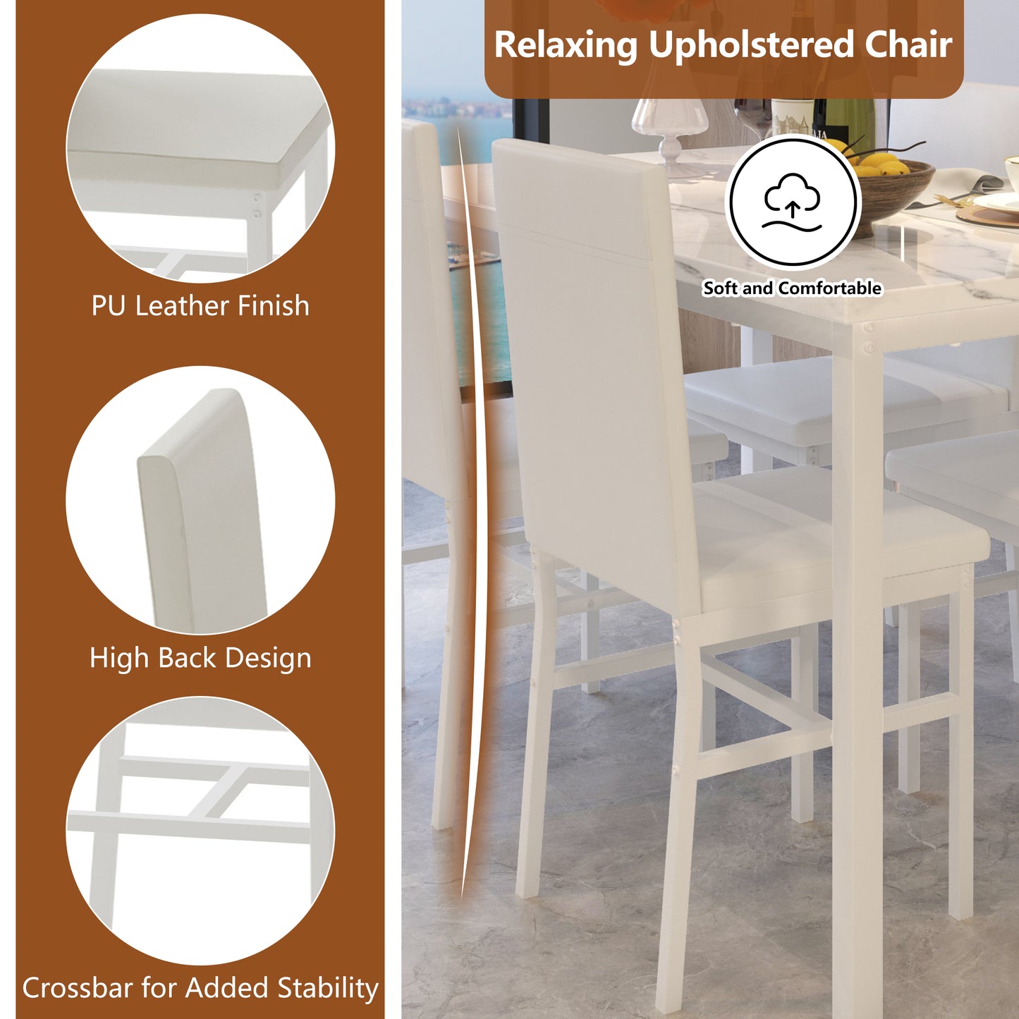 Kitchen Dining Table Set for 4, 5 Piece Wood Dine Set, 4 Linen Fabric Soft Chairs, Modern Kitchen Table and Chairs Set, White Kitchen Sets for Home Restaurant Pub