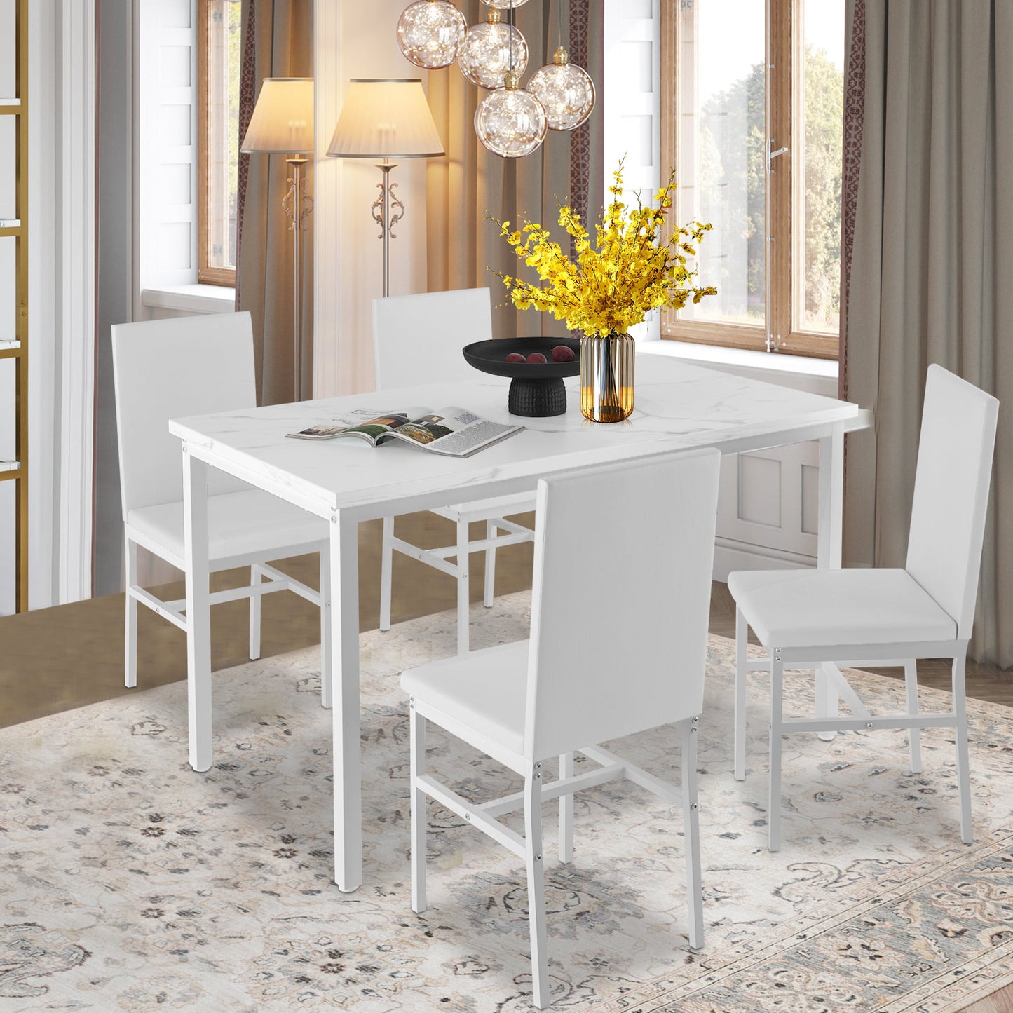 Kitchen Dining Table Set for 4, 5 Piece Wood Dine Set, 4 Linen Fabric Soft Chairs, Modern Kitchen Table and Chairs Set, White Kitchen Sets for Home Restaurant Pub