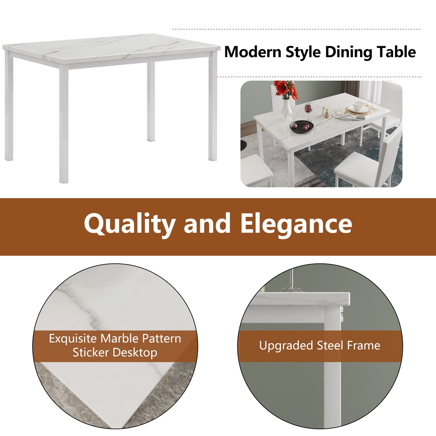 Kitchen Dining Table Set for 4, 5 Piece Wood Dine Set, 4 Linen Fabric Soft Chairs, Modern Kitchen Table and Chairs Set, White Kitchen Sets for Home Restaurant Pub