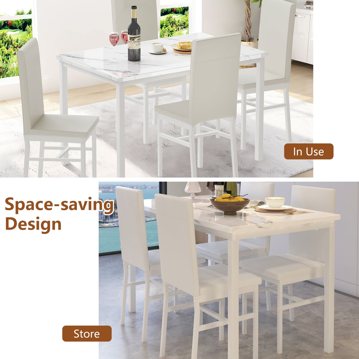 Kitchen Dining Table Set for 4, 5 Piece Wood Dine Set, 4 Linen Fabric Soft Chairs, Modern Kitchen Table and Chairs Set, White Kitchen Sets for Home Restaurant Pub
