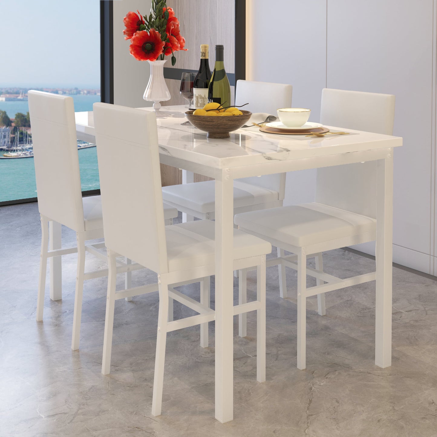 Kitchen Dining Table Set for 4, 5 Piece Wood Dine Set, 4 Linen Fabric Soft Chairs, Modern Kitchen Table and Chairs Set, White Kitchen Sets for Home Restaurant Pub