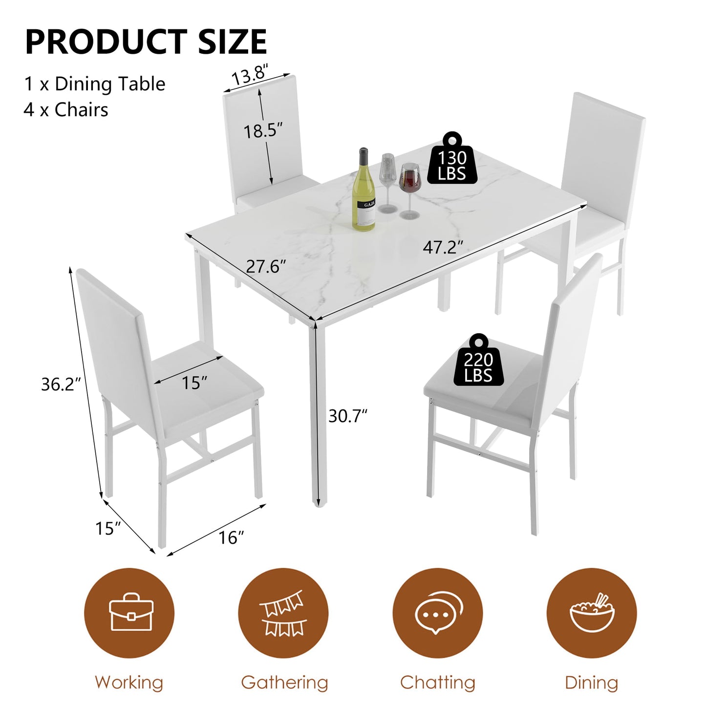 Kitchen Dining Table Set for 4, 5 Piece Wood Dine Set, 4 Linen Fabric Soft Chairs, Modern Kitchen Table and Chairs Set, White Kitchen Sets for Home Restaurant Pub