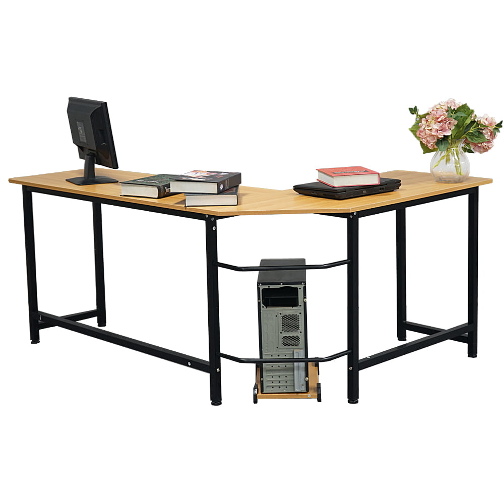 HOMCOM L-Shaped Computer Corner Desk with Storage Cabinet, Adjustable Shelf, Large Tabletop and Black Steel Frame, Brown