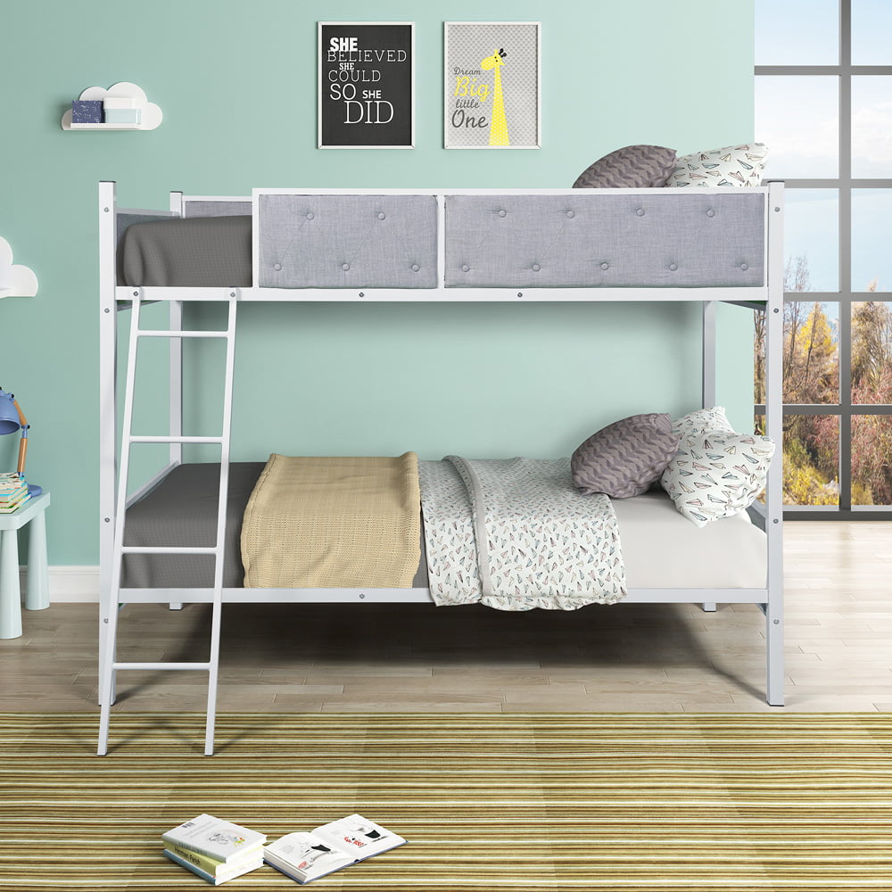 SESSLIFE Upholstered Bunk Bed for Kids Teens, Twin Over Twin Metal Bunk Bed with Guard Rail, Ladder, Steel Slats, Metal Twin Bed Frame No Box Spring Needed, Kids Bedroom Furniture, Light Gray, X1922