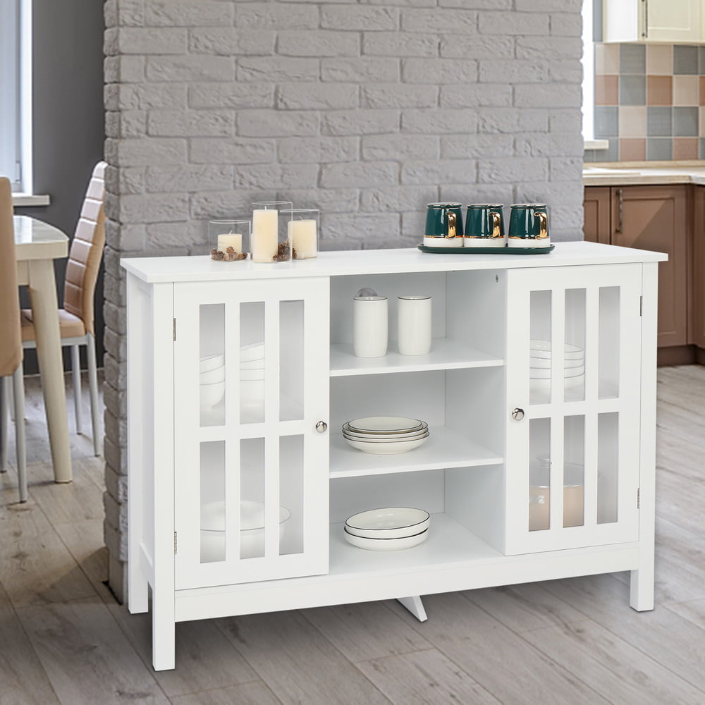 SESSLIFE Kitchen Buffet Sideboard with Transparent Doors, White Sideboard with Storage Inner Shelf, Cupboard for Kitchen, Wood Storage Cabinet for Living Room Entryway