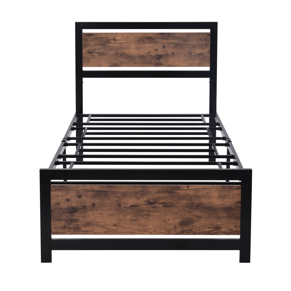 Twin Platform Bed Frames, Sesslife Twin Bed Frame with Wood-grain Headboard and Footboard, Industrial Metal Bed Frame No Box Spring Needed, Twin Bed for Kids Adult Bedroom Guest Room, Black, X3203