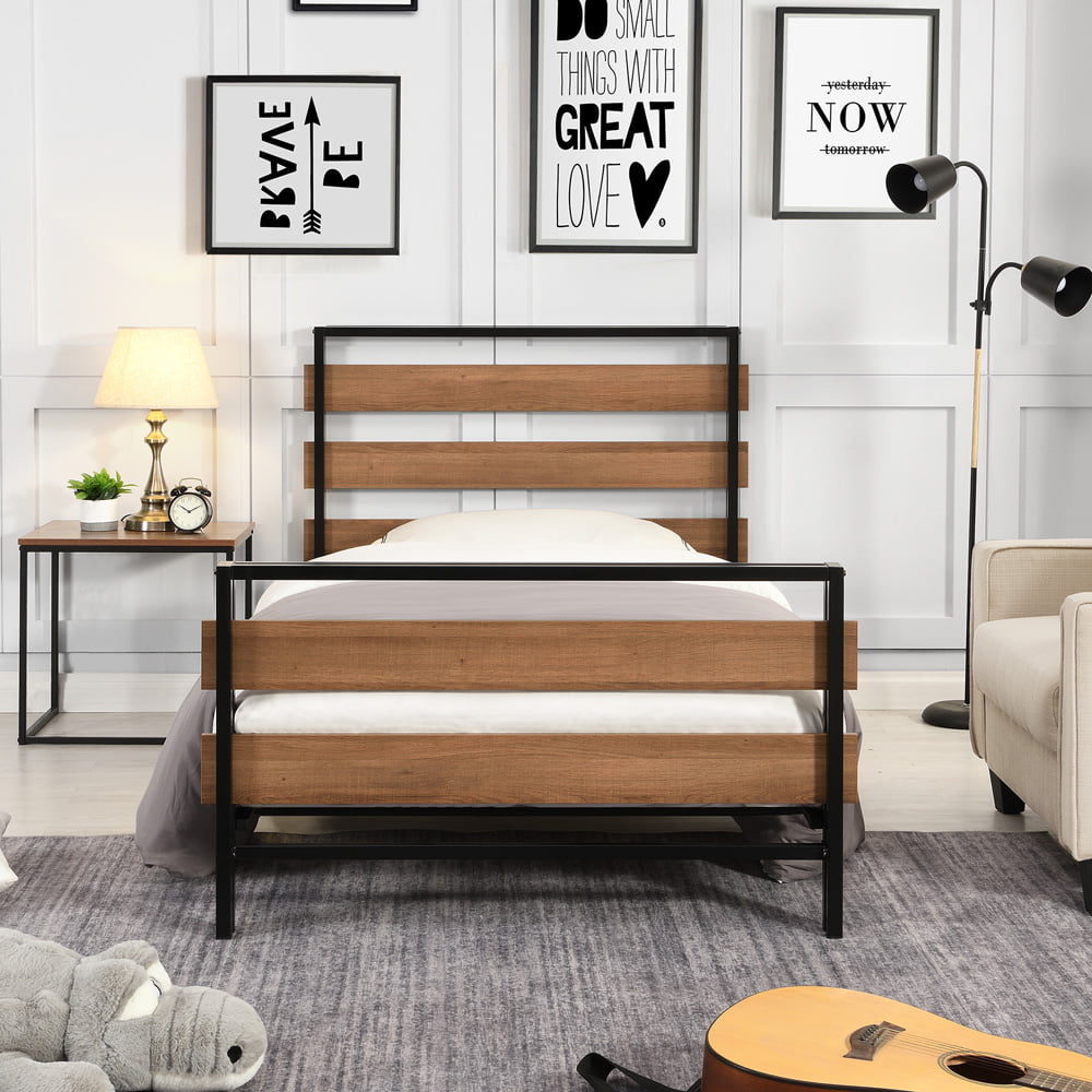 SESSLIFE Platform Bed Frames, Metal Twin Beds with Wooden Headboard and Footboard, No Box Spring Needed, Industrial Bed Frame with 15 Steel Slats for Kids Teens Adults, Black, X2817