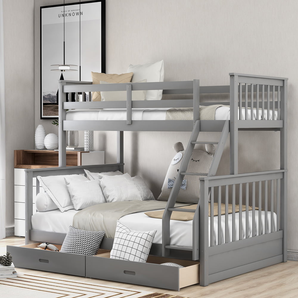 Twin over Full Bunk Bed with Drawers, SESSLIFE Wood Bunk Bed with Ladder and Safe Guardrails, Kids Bed Frame No Box Spring Required, Platform Bed Frame with Storage for Kids/Teens Bedroom, Gray, X2455