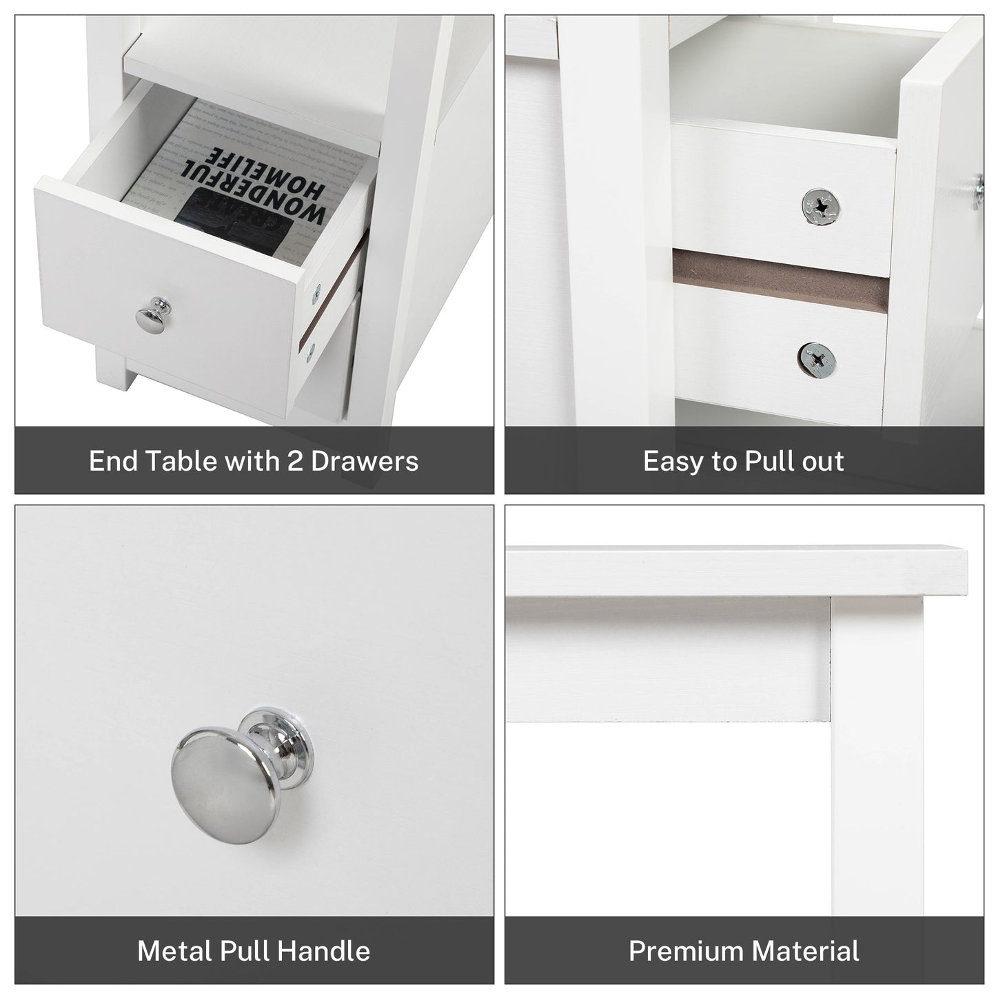 Narrow End Tables for Living Room, Sesslife Wood Storage Side Table with Two Drawers, Open Shelf, USB Ports and Power Outlets, White Sofa Table Nightstand for Bedroom, Modern Furniture