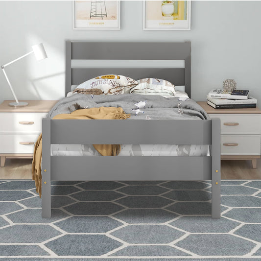 Sesslife Twin Bed Frames for Kids Teens, Wood Platform Bed Frame with Headboard and Footboard / Mattress Foundation / Support Slats, Bedroom Furniture Twin Size Bed Box Spring Needed, Gray