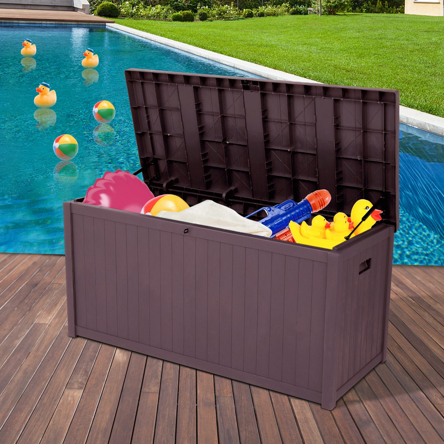 Sesslife Outdoor Storage Box, 51 Gallon Gray PP Plastic Waterproof Deck Storage Box Bench, Indoor/Outdoor Storage Bin Container for Patio Cushions, Garden Tools and Pool Toys