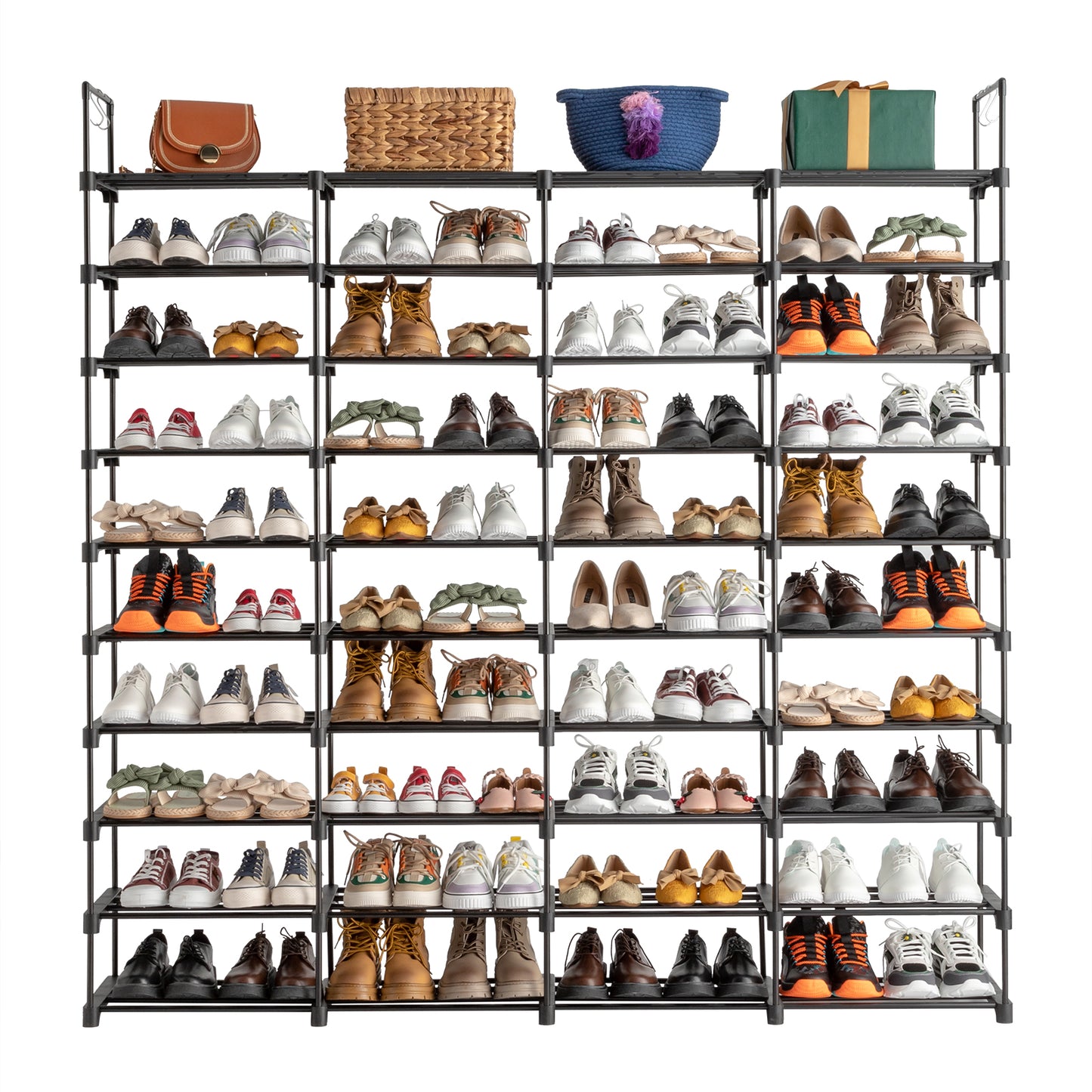 Sesslife 9 Tier Shoe Rack Organizer for Entryway 50-55 Pairs, DIY Stackable Shoe Rack for Closet Shoe Organizer with Sturdy Shelves and 4 Hooks, Metal Shoe Shelf Closet Organizer, Black