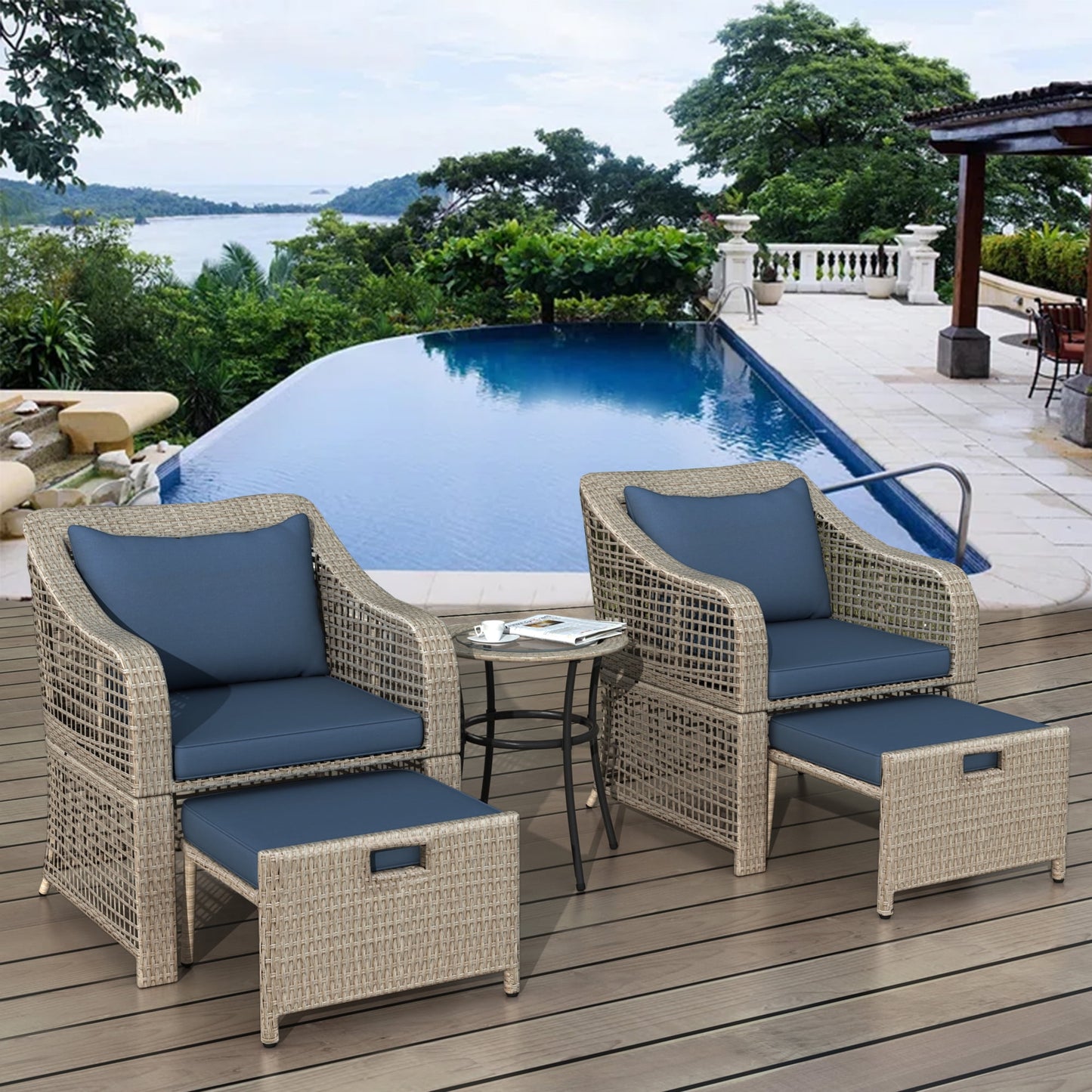 Wicker Outdoor Furniture, Sesslife 5 Piece Patio Conversation Set w/ 2 Stool, 2 Chair, 1 Glass Table, Patio Dining Sets for Backyard Lawn, All-Weather Brown Rattan Bistro Set with Blue Cushion, X3174