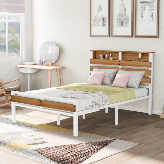 Full Size Bed Frame, SESSLIFE Metal Bed Frame with Wood Storage Headboard and Footboard, Platform Bed Frame for Adults Teens Kids Bedroom Dorm, Full Bed Frame No Box Spring Needed, White, X991