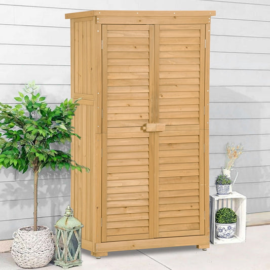 Wooden Storage Sheds, Sesslife Outdoor Storage Cabinet with Water-proof Roof, 3-Tier Tool Storage Shed with Adjustable Shelves and Legs for Garden Patio Yard, Shutter Doors Design, Natural Wood, X3263