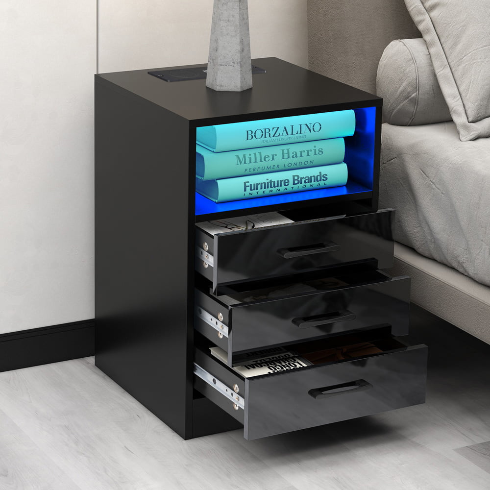 Sesslife Modern Nightstand with LED Light, USB Charging Ports and Outlets, Wireless Charging, Wood Bedside Table with Storage Drawers and Shelf for Bedroom Living Room, Black