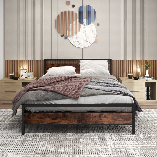 SESSLIFE Queen Platform Bed Frame, Metal Bed Frame No Box Spring Needed, Kids Bed Frame with Rustic Brown Wood Headboard and Footboard, Black Queen Size Bed Frame for Adults, X414