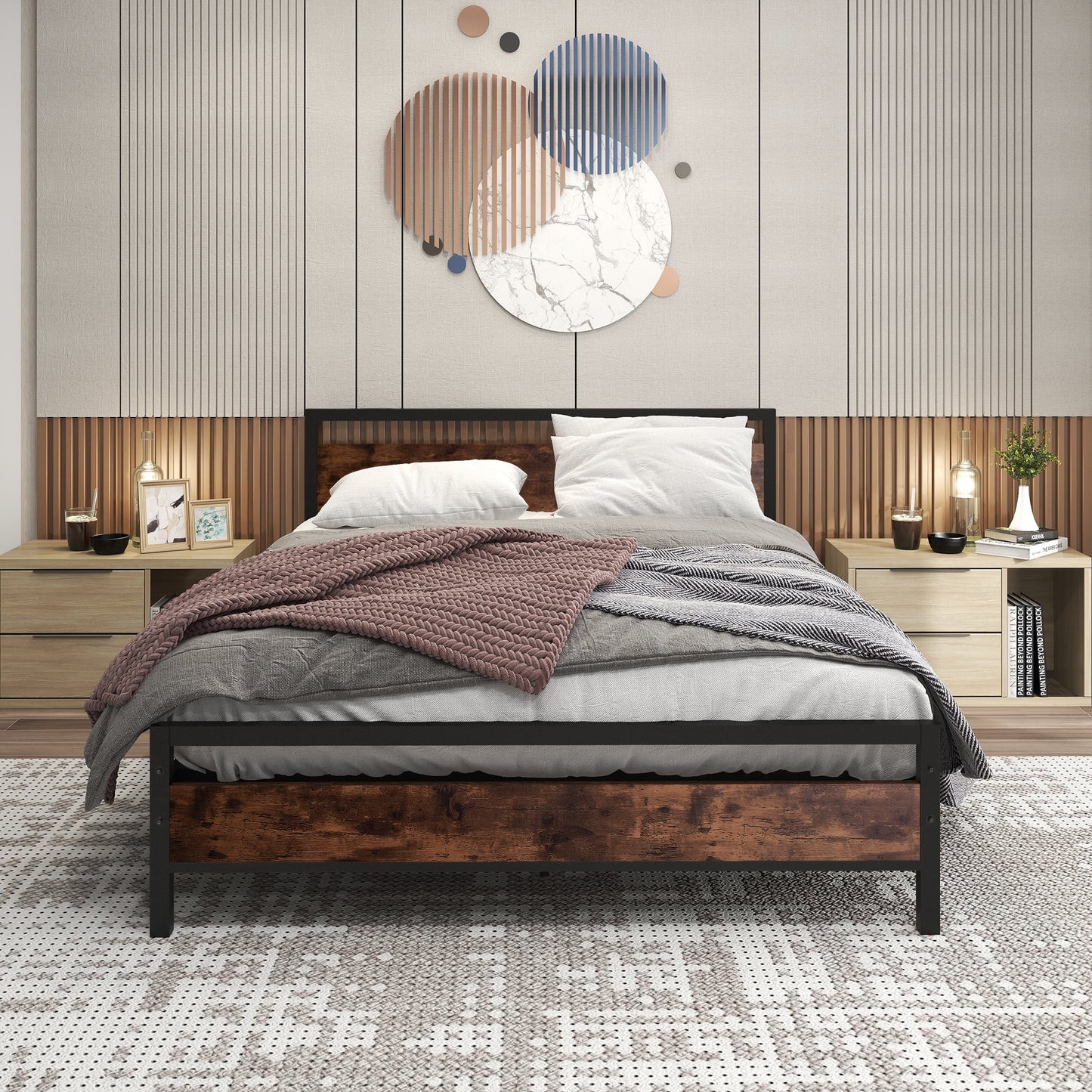 SESSLIFE Queen Bed Frames, Black Platform Bed Frame No Box Spring Needed, Metal Bed Frame with Wood Headboard and Footboard, Slats Support, X420
