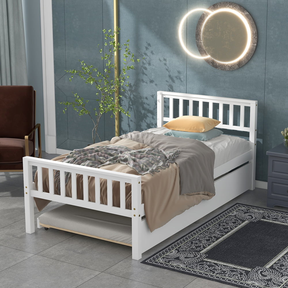 Twin Bed with Headboard and Footboard, Sesslife White Bed Frame with Pull Out Trundle, Pine Wood Platform Bed for Kids Teens Boys Girls, Wooden Slats, No Box Spring Needed