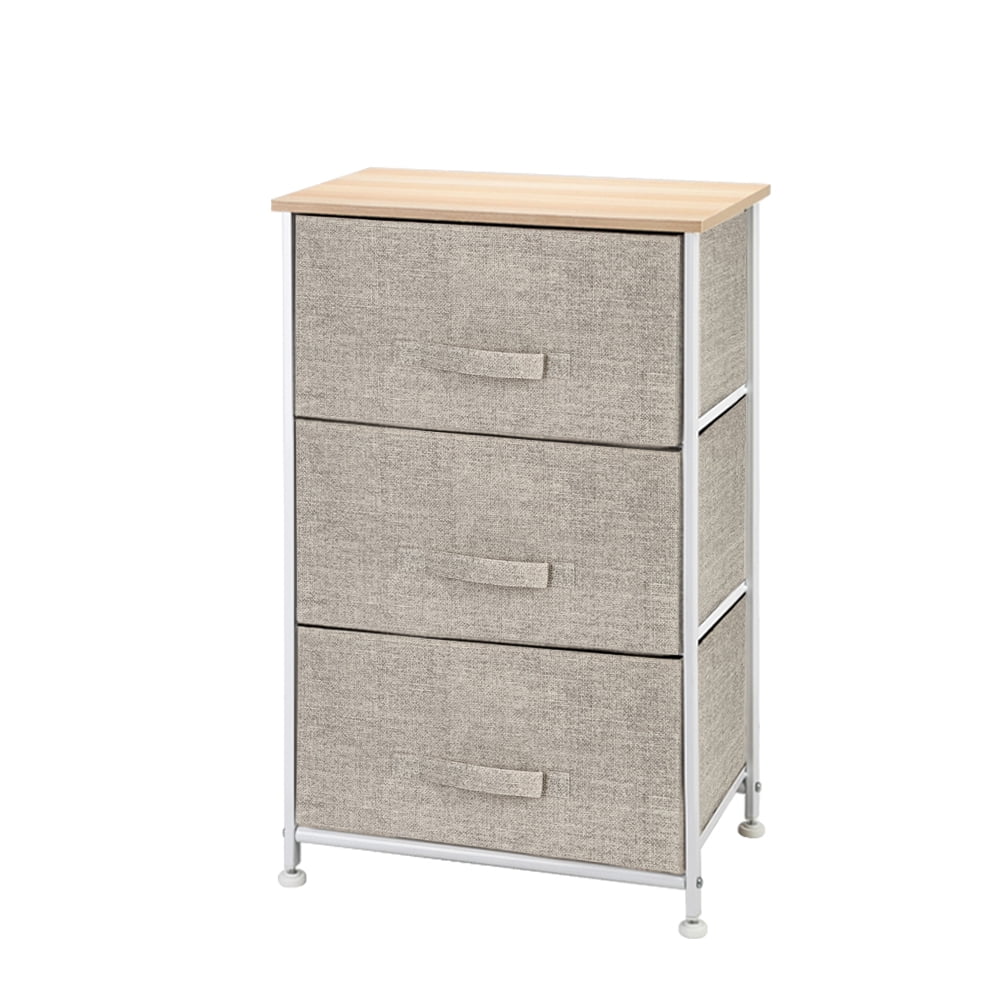 Storage Fabric Dresser, SESSLIFE 3-Drawer Nightstand Dresser Organizer with Steel Frame and Wide Wood Top, Modern Bedside Table End Table for Bedroom Hallway Entryway Closets, Light Gray, X1304