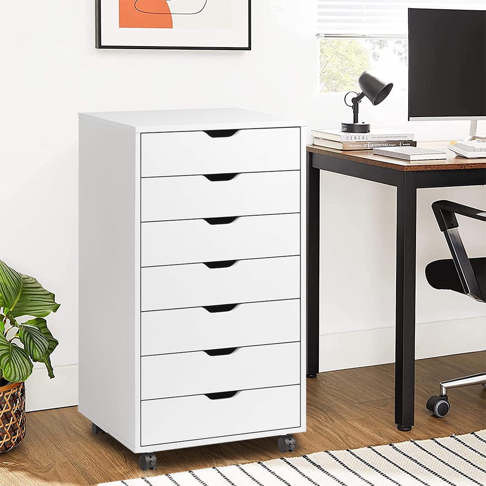 7-Drawer Wood Chest of Drawers, Sesslife Storage Dressers for Bedroom, Storage Cabinet with Removable 360¡ã Casters, White Storage Cabinet on Wheels for Entryway Living Room Office