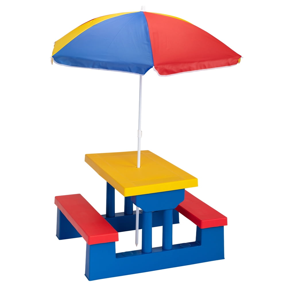 4-Seat Kids Table Bench Set, SESSLIFE Activity Picnic Table with Removable Umbrella, Garden Yard Table and Chairs Set for Boys Girls 2-4 Years Old, Colorful, X3003