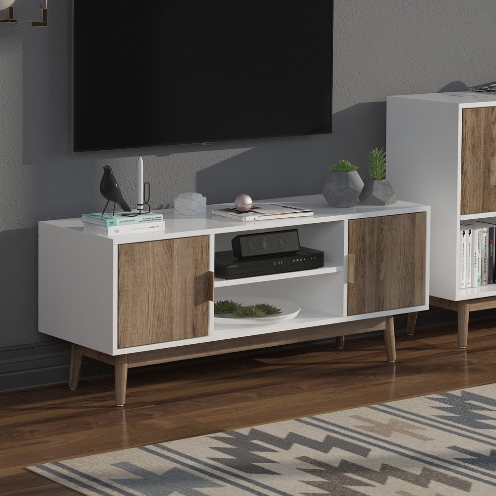 Modern TV Stands Console for TVs Up to 65", SESSLIFE Wood Console Cabinet TV Stand with 2 Hidden Storage Cabinets and 2 Open Shelves, Natural, X2778