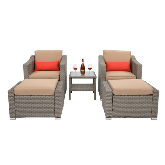 5 Piece Outdoor Furniture Set, SESSLIFE Rattan Patio Furniture Set with Cushions for Backyard Desk Porch, 2 Persons Wicker Patio Sofa Set with Ottomans, Single Sofa, Glass Top Table, Gray