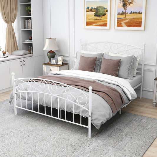 Queen Bed Frame with Headboard, Sesslife Metal Queen Platform Bed Frame with Mattress Foundation, No Box Spring Needed, Victorian Style Bed Frame for Adults Bedroom/Kids Room/Teen Dorm, White