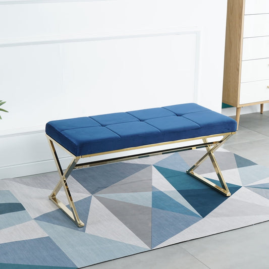 Entryway Bench with Velvet Seat, SESSLIFE Modern Bedroom Bench with Metal Legs and 300 LBS Weight Capacity, Upholstered Bench 37.6"L x 19.9"W x 18.1"H, Blue