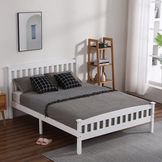 Platform Bed Frame No Box Spring Needed, Sesslife Wood Queen Size Bed Frame with Slatted Headboard and Footboard, Queen Platform Bed with Slats Support for Teen Adult Kid, White