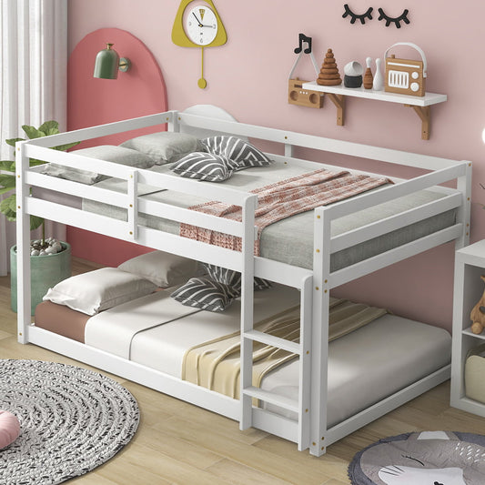 Sesslife Wood Bunk Bed Twin Over Twin, Floor Bunk Beds Frame for Kids Teens Adults Dormitory Bedroom, Low Bunk Frame No Box Spring Needed, Included Safety Guardrail and Ladder, White