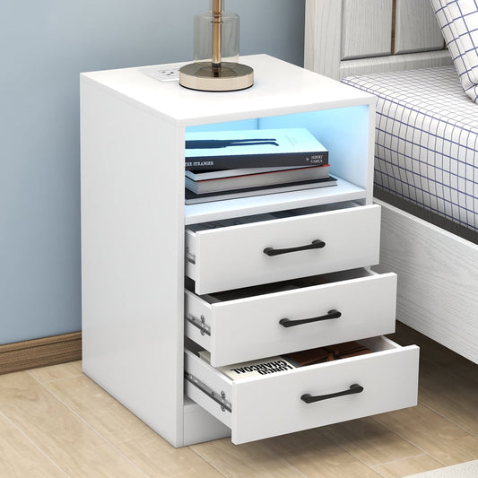 Sesslife White Nightstand for Bedroom with 3 Drawers and Shelf, Modern Bedside Table with USB Charging Ports and Outlets, Wireless Charging, LED Light, Multifunctional Wood Side Table