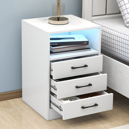 Sesslife Modern Nightstand with LED Light, USB Charging Ports and Outlets, Wireless Charging, Wood Bedside Table with Storage Drawers and Shelf for Bedroom Living Room, White