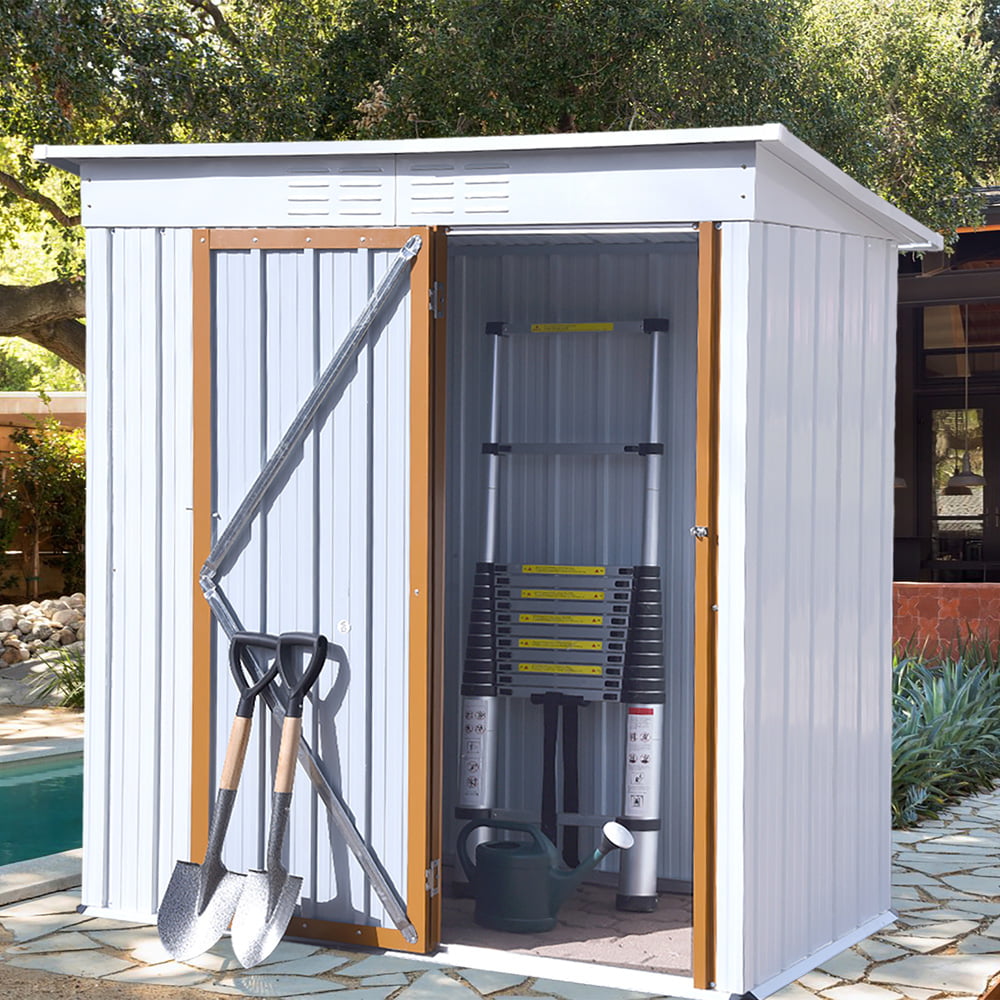 Sesslife Outdoor Storage Shed, 60 x 31 Inch Aluminum Tool Storage House with Lockable Door and Vents, Outside Garden Storage Room with Pent Roof for Backyard Lawn Patio, White, X3157